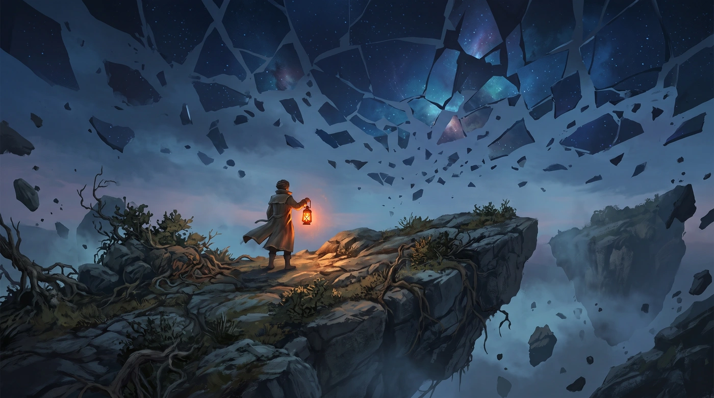 The lantern-bearer stands on a cliff edge at dusk, lantern raised, under a sky broken into drifting pieces of glass.