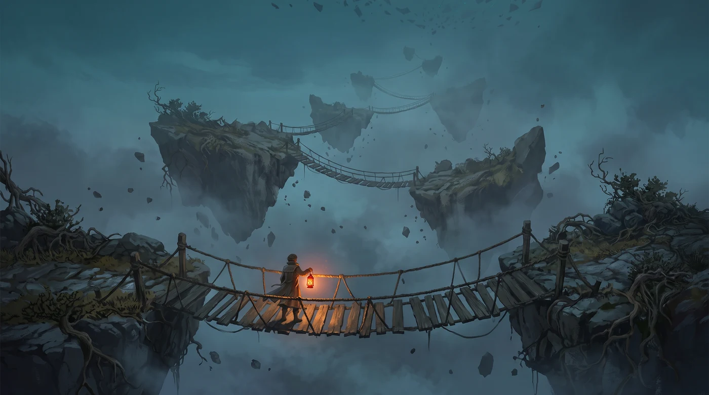 A chain of old bridges into the fog