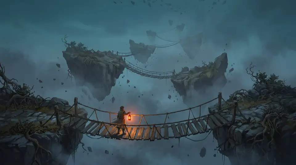 A chain of old bridges into the fog